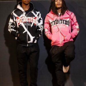 Full zip-up hoodie with adjustable hood and front pockets in a casual athletic style