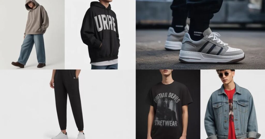 Four types of Streetwear represented by a sneaker-focused outfit with statement footwear and coordinated urban styling