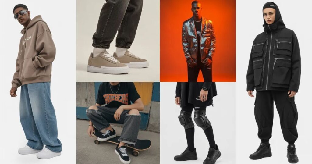 Four types of Streetwear featuring an oversized hoodie outfit with relaxed fit, layered styling, and urban street fashion vibes