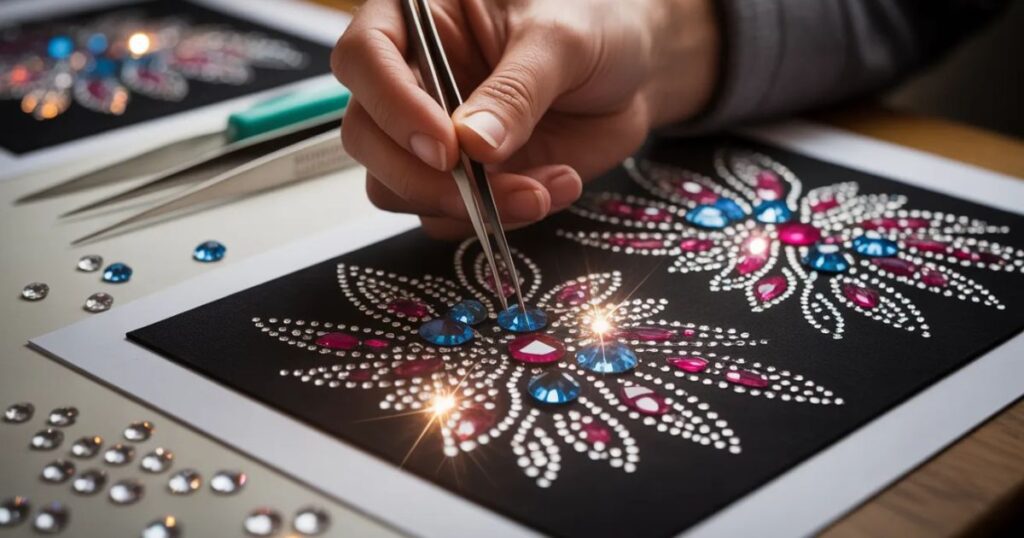 Custom Rhinestone Transfers close-up crystal detailing on streetwear fabric